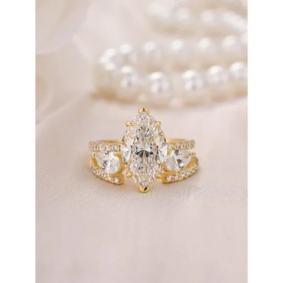3.5CT Marquise Cut Inset Engagement Ring Set, S925 Silver 5A Cubic Zirconia Brid